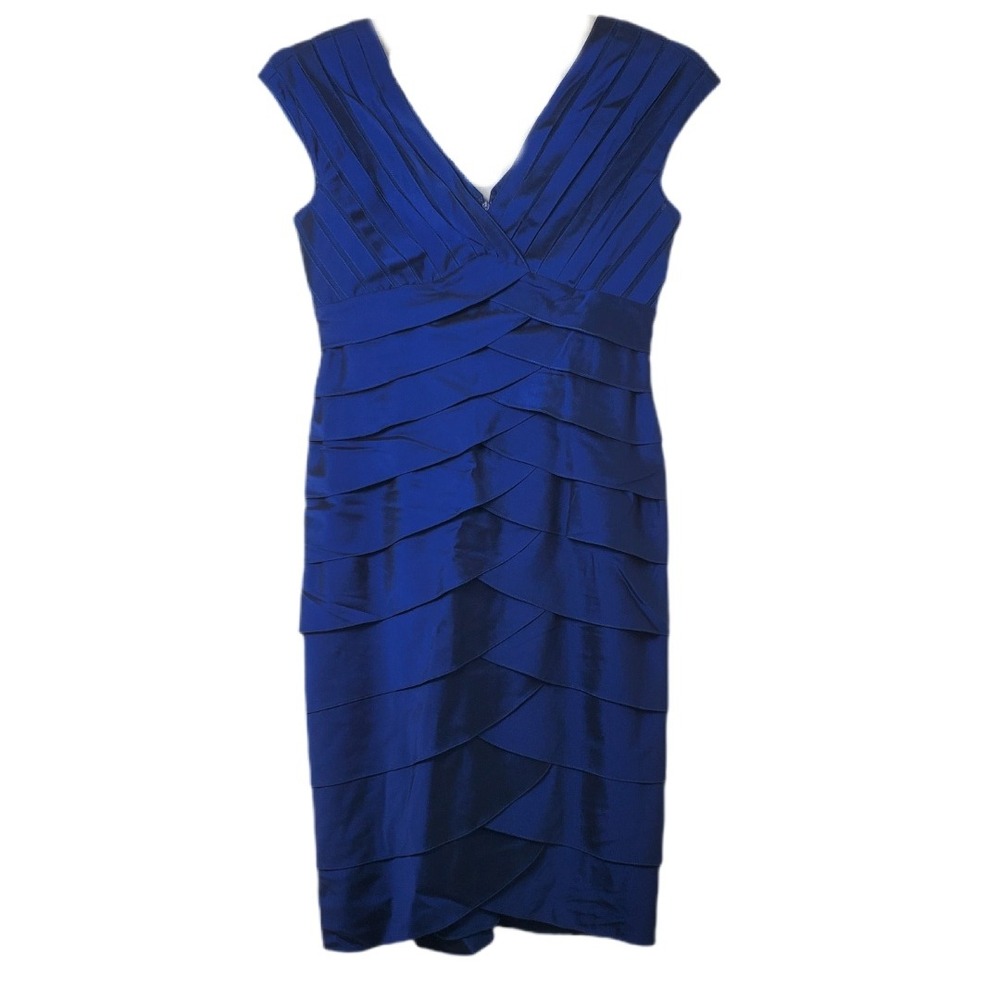 Adrianna Papell Blue Shutter Pleat V-Neck Cocktail Dress Size‎ 8 Sheath Midi